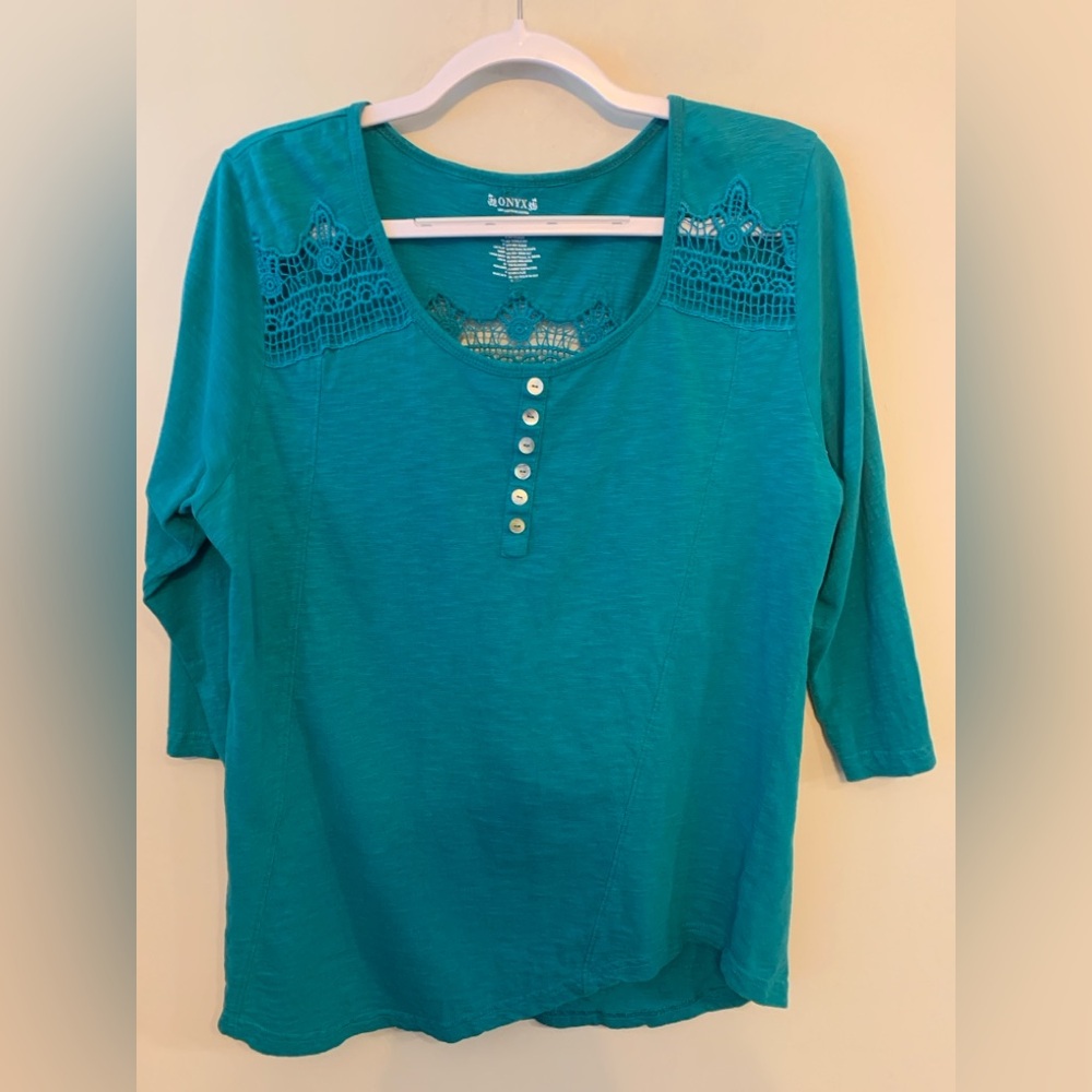 ONYX Teal Lace Accent Women's Blouse